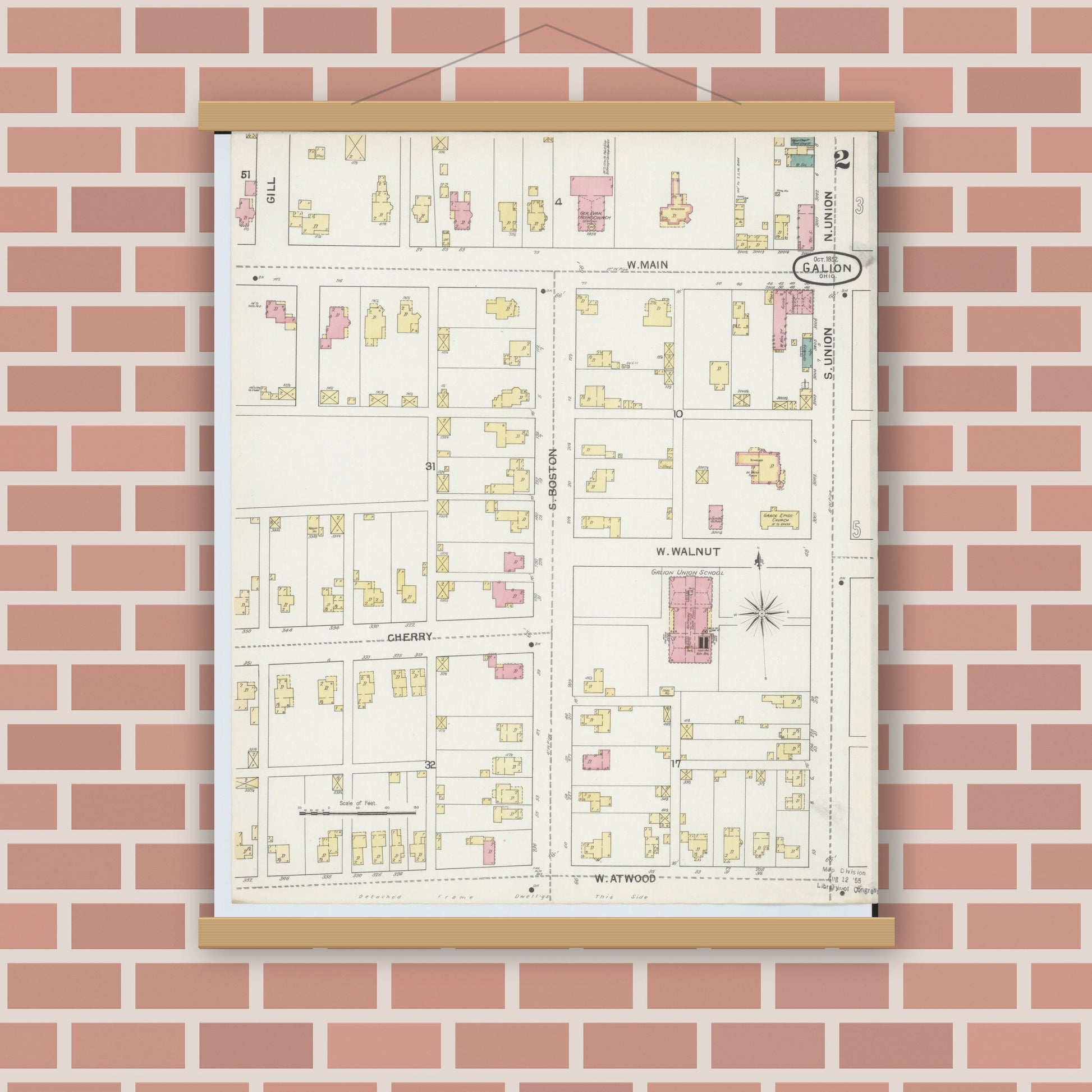 Old map wall art mockup — magnetic wood frame on brick wall — Sanborn Fire Insurance Map from Galion, Crawford County, Ohio (1892), Sheet #0002