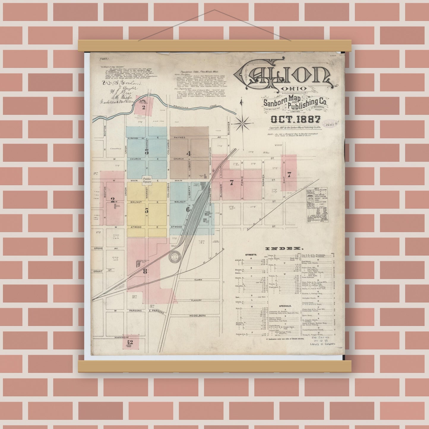 Old map wall art mockup — magnetic wood frame on brick wall — Sanborn Fire Insurance Map from Galion, Crawford County, Ohio (1887), Sheet #0001