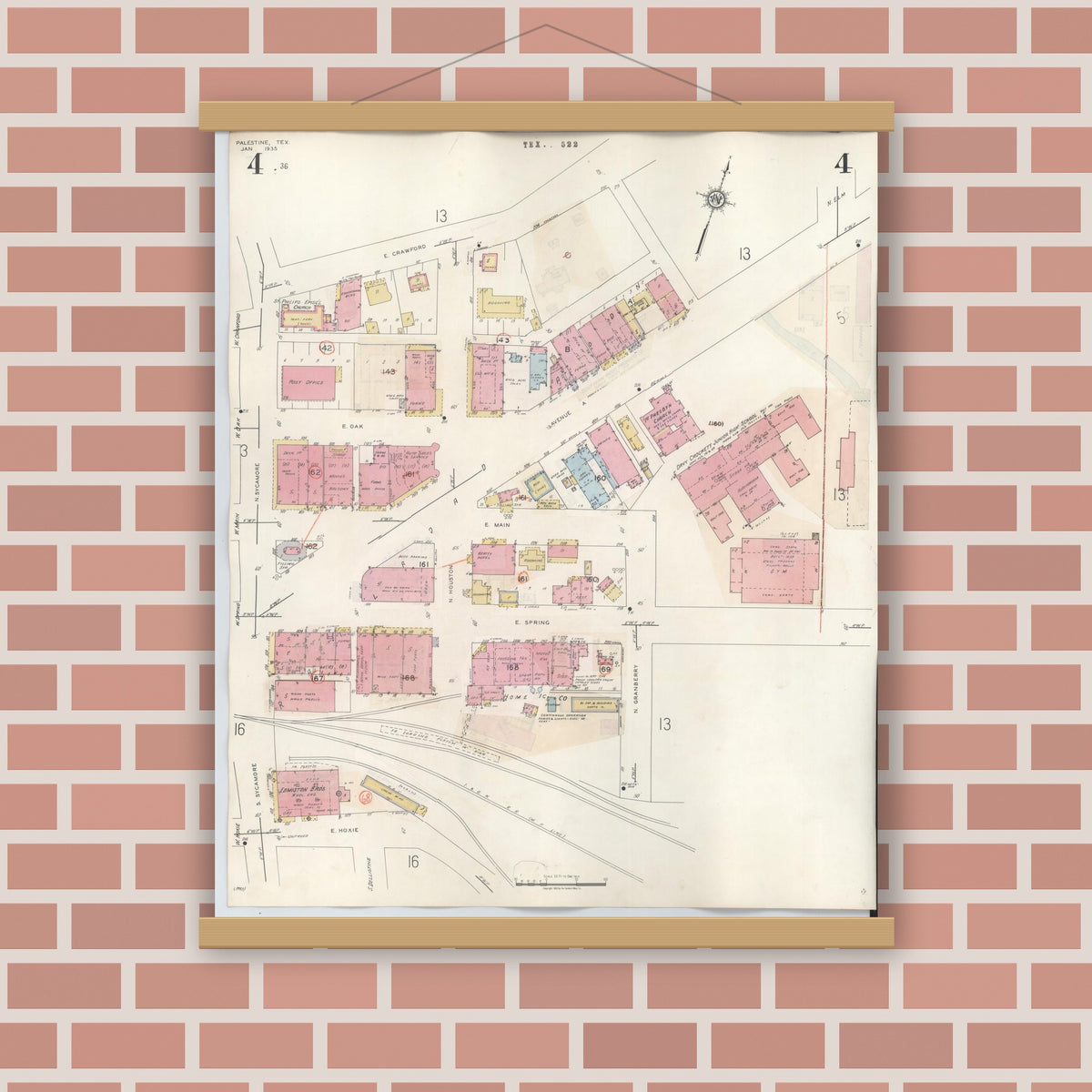 Old map wall art mockup — magnetic wood frame on brick wall — Sanborn Fire Insurance Map from Palestine, Anderson County, Texas (1949), Sheet #0004