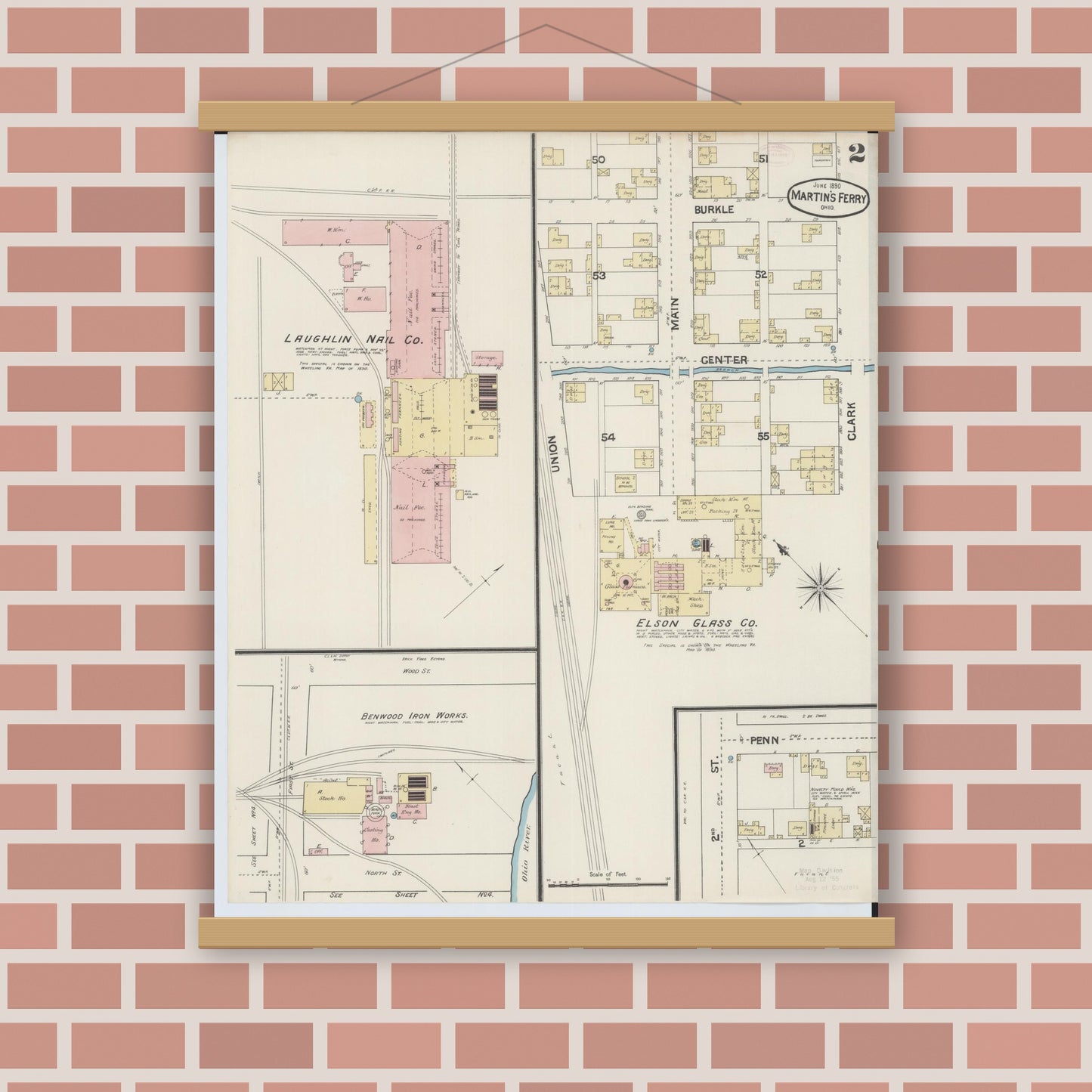 Old map wall art mockup — magnetic wood frame on brick wall — Sanborn Fire Insurance Map from Martins Ferry, Belmont County, Ohio (1890), Sheet #0002