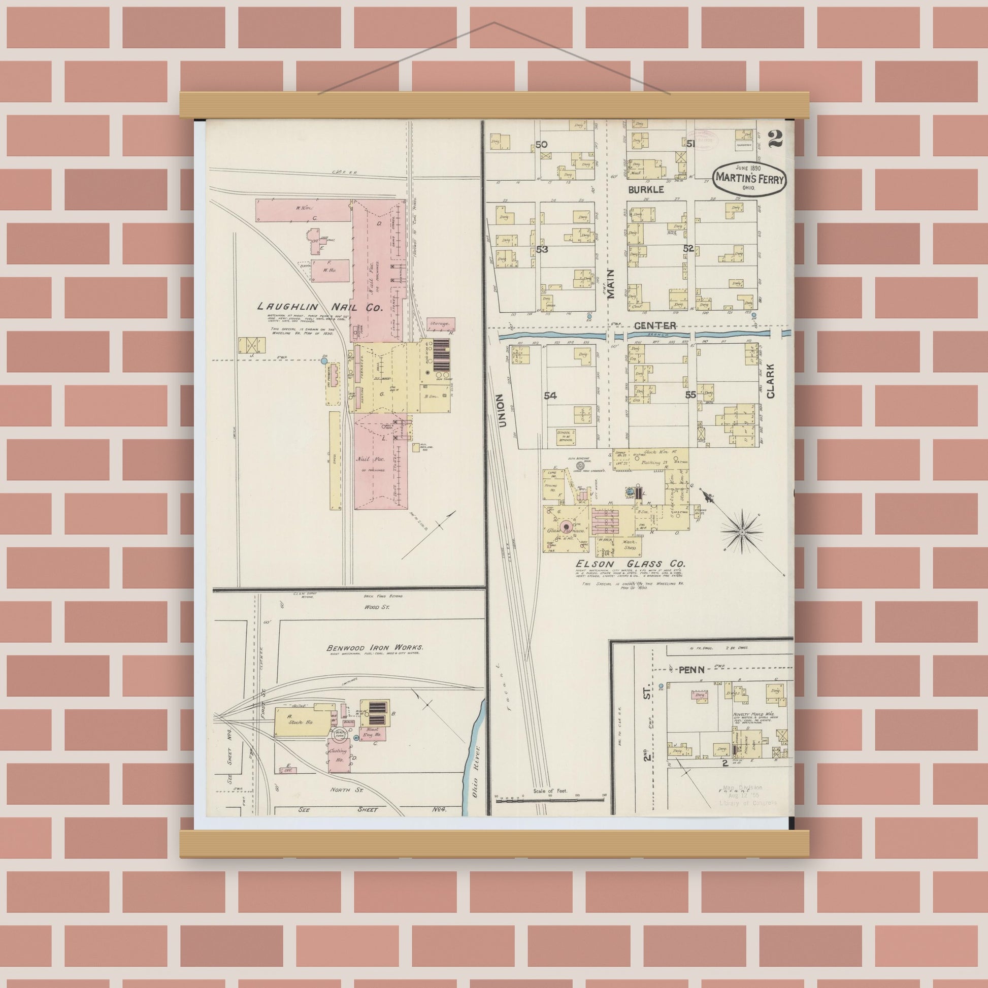 Old map wall art mockup — magnetic wood frame on brick wall — Sanborn Fire Insurance Map from Martins Ferry, Belmont County, Ohio (1890), Sheet #0002