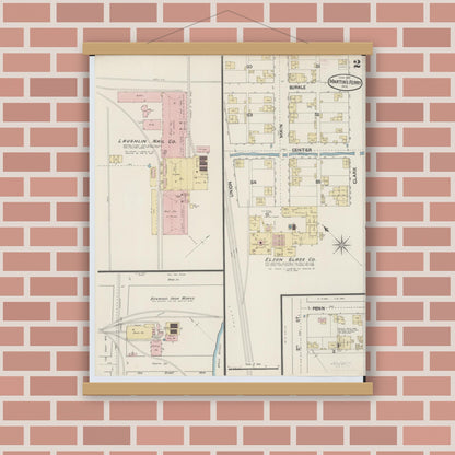 Old map wall art mockup — magnetic wood frame on brick wall — Sanborn Fire Insurance Map from Martins Ferry, Belmont County, Ohio (1890), Sheet #0002