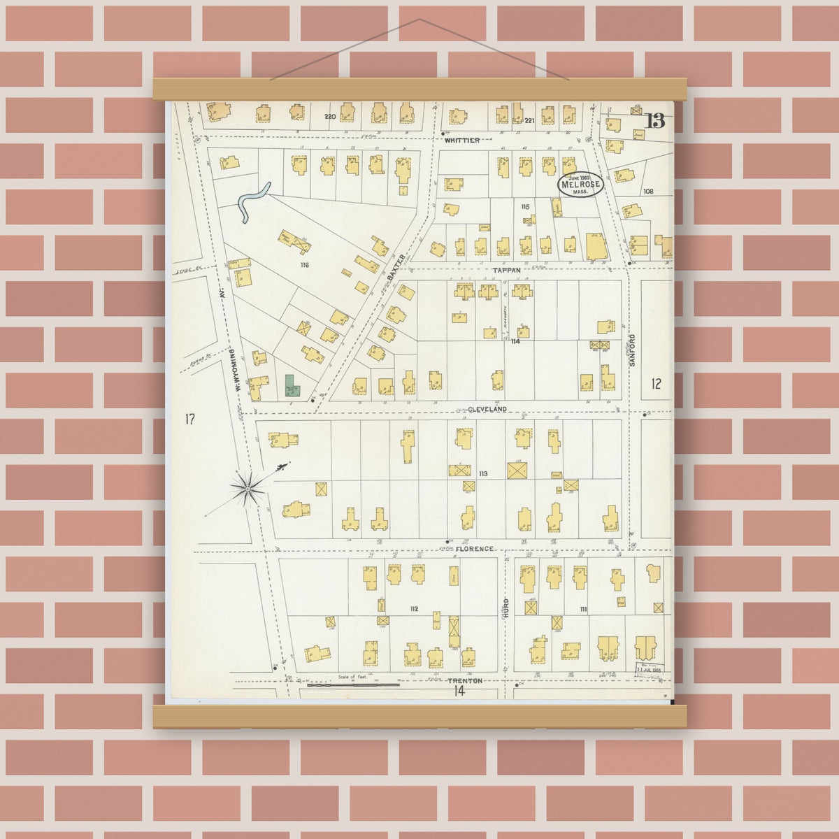Old map wall art mockup — magnetic wood frame on brick wall — Sanborn Fire Insurance Map from Melrose, Middlesex County, Massachusetts (1903), Sheet #0013