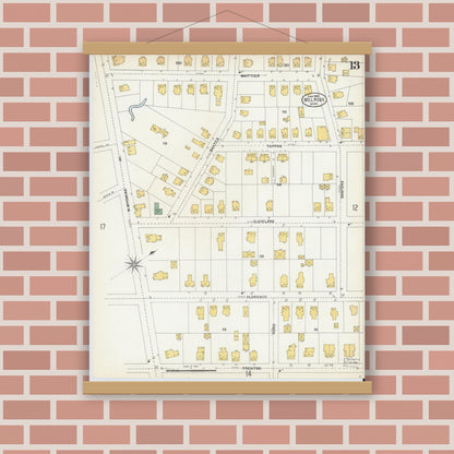 Old map wall art mockup — magnetic wood frame on brick wall — Sanborn Fire Insurance Map from Melrose, Middlesex County, Massachusetts (1903), Sheet #0013