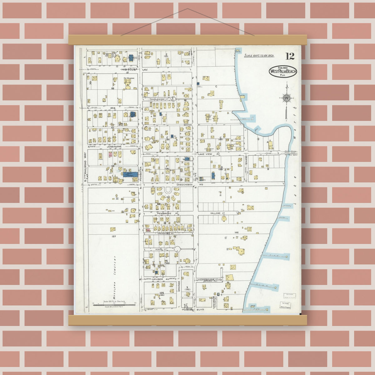 Old map wall art mockup — magnetic wood frame on brick wall — Sanborn Fire Insurance Map from West Palm Beach, Dade County, Florida (1920), Sheet #0012