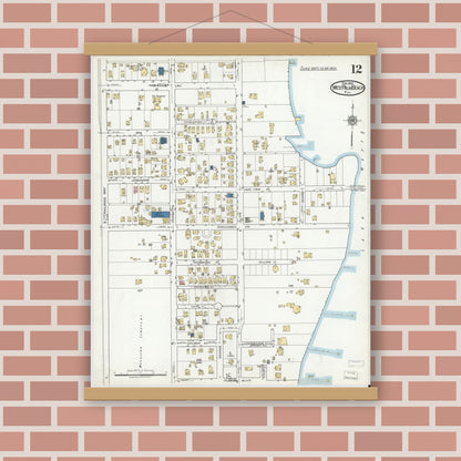 Old map wall art mockup — magnetic wood frame on brick wall — Sanborn Fire Insurance Map from West Palm Beach, Dade County, Florida (1920), Sheet #0012