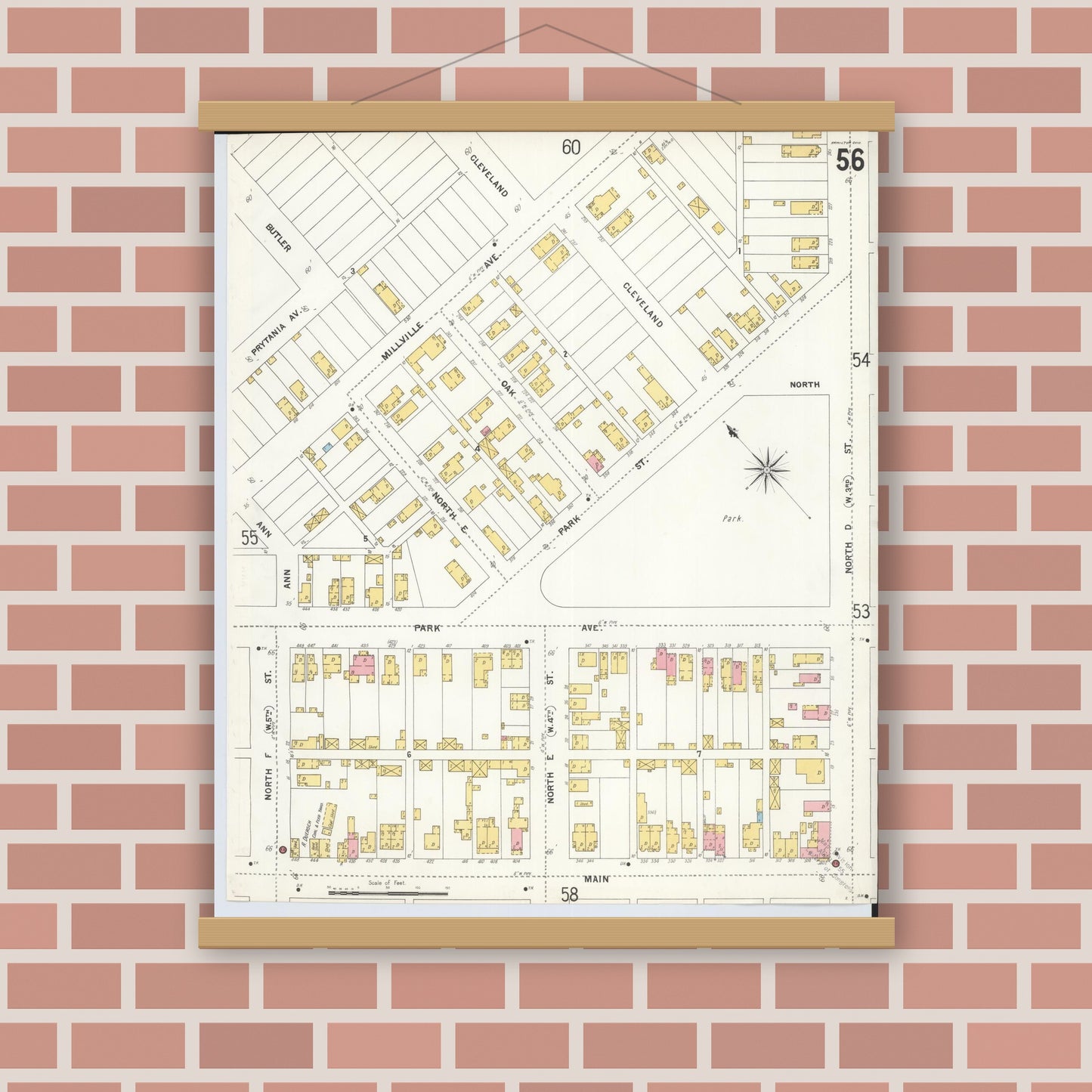 Old map wall art mockup — magnetic wood frame on brick wall — Sanborn Fire Insurance Map from Hamilton, Butler County, Ohio (1899), Sheet #0056