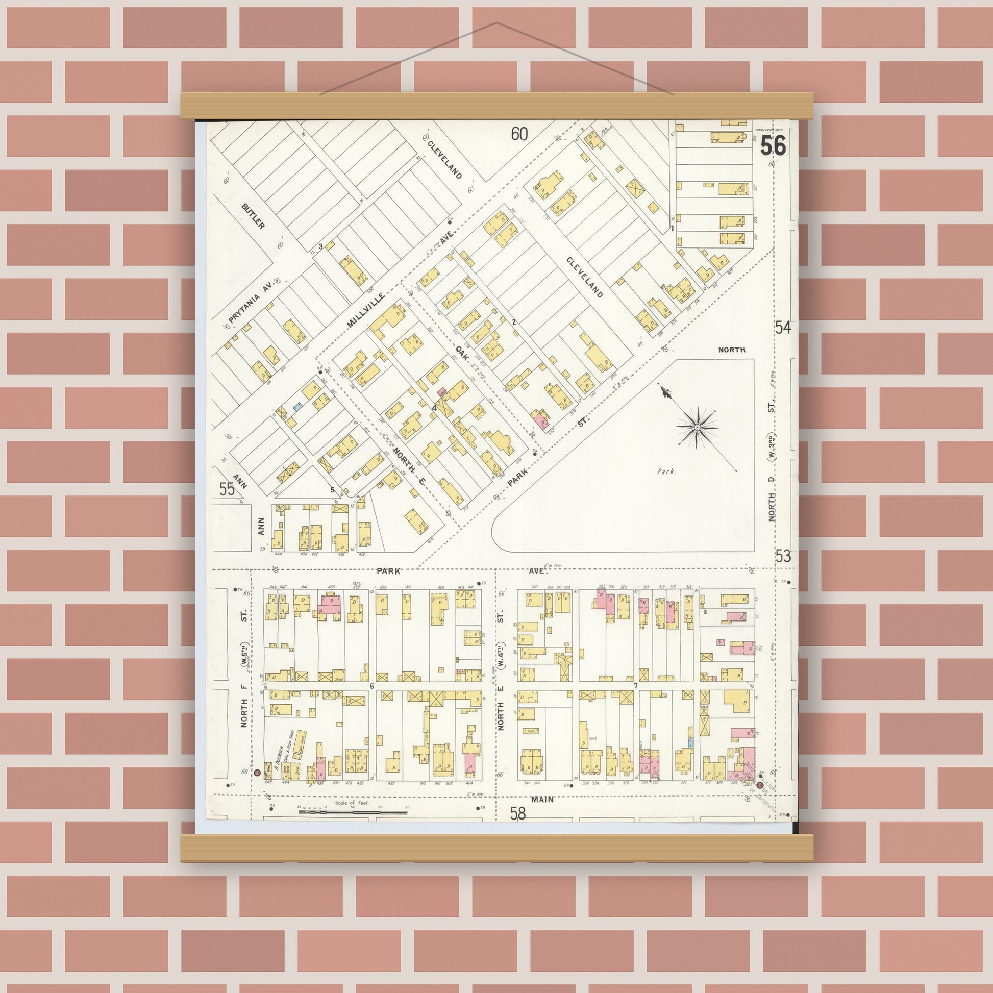 Old map wall art mockup — magnetic wood frame on brick wall — Sanborn Fire Insurance Map from Hamilton, Butler County, Ohio (1899), Sheet #0056