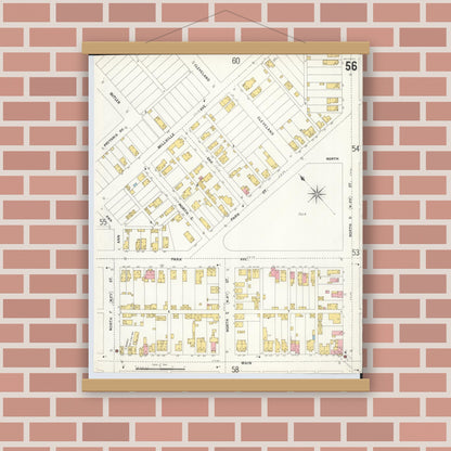 Old map wall art mockup — magnetic wood frame on brick wall — Sanborn Fire Insurance Map from Hamilton, Butler County, Ohio (1899), Sheet #0056