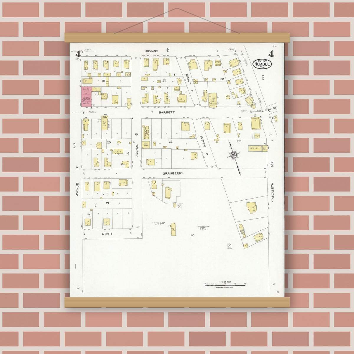 Old map wall art mockup — magnetic wood frame on brick wall — Sanborn Fire Insurance Map from Humble, Harris County, Texas (1926), Sheet #0004