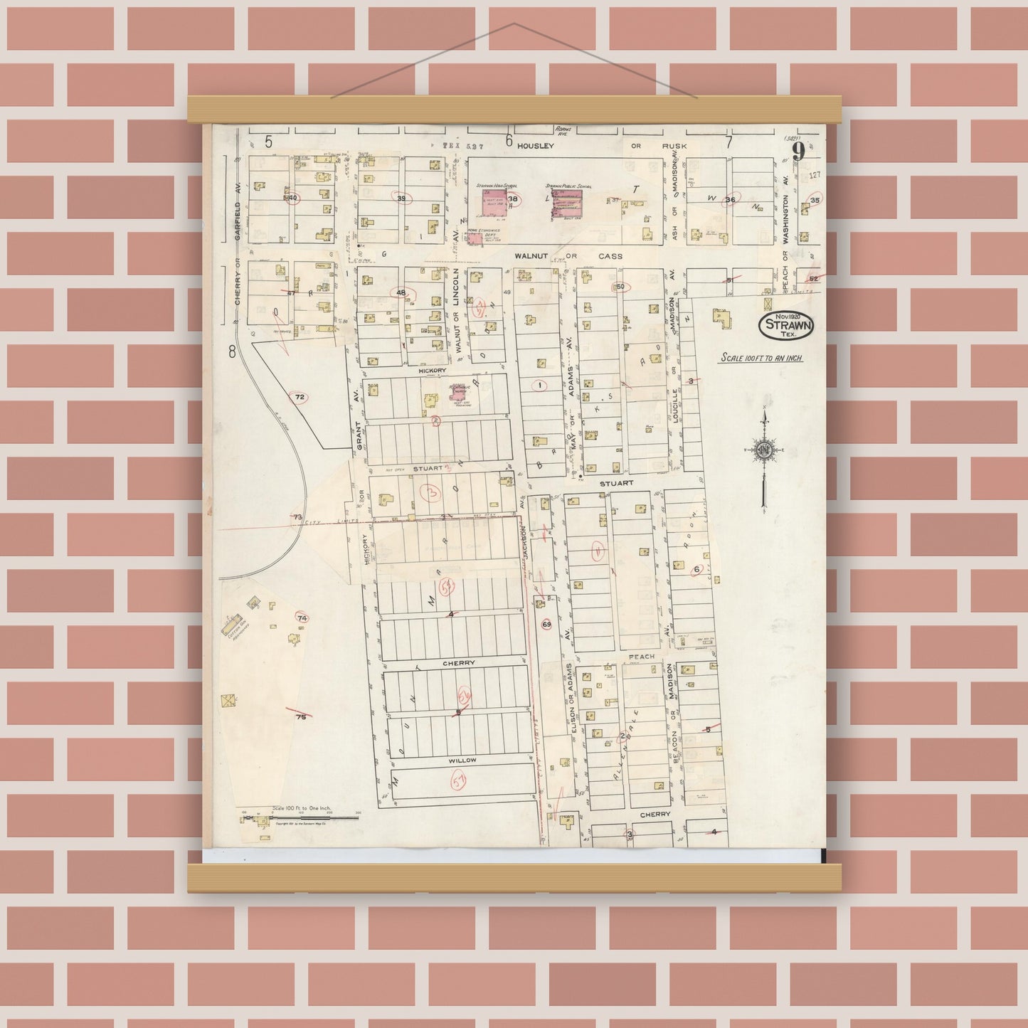 Old map wall art mockup — magnetic wood frame on brick wall — Sanborn Fire Insurance Map from Strawn, Palo Pinto County, Texas (1944), Sheet #0009