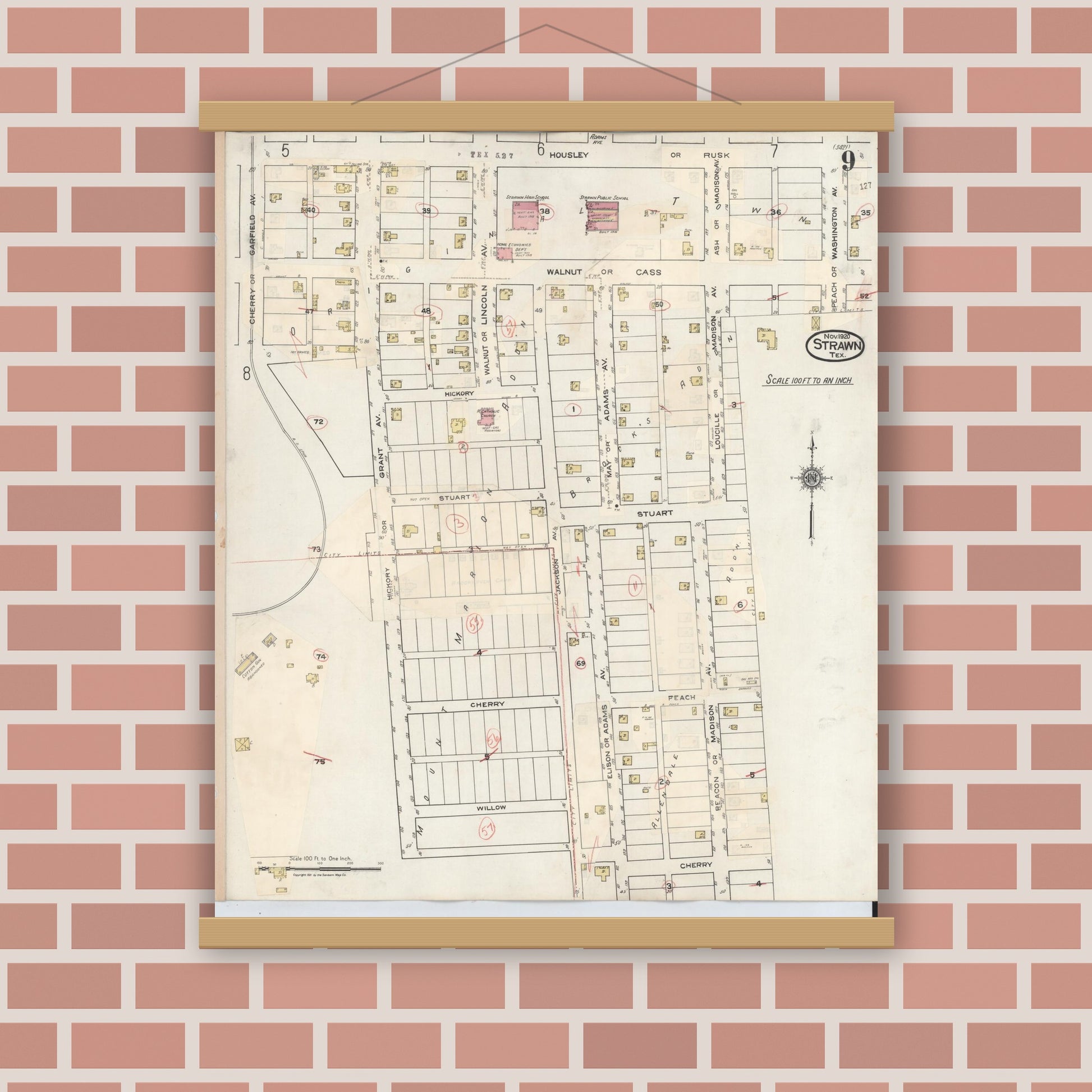 Old map wall art mockup — magnetic wood frame on brick wall — Sanborn Fire Insurance Map from Strawn, Palo Pinto County, Texas (1944), Sheet #0009