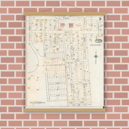 Old map wall art mockup — magnetic wood frame on brick wall — Sanborn Fire Insurance Map from Strawn, Palo Pinto County, Texas (1944), Sheet #0009