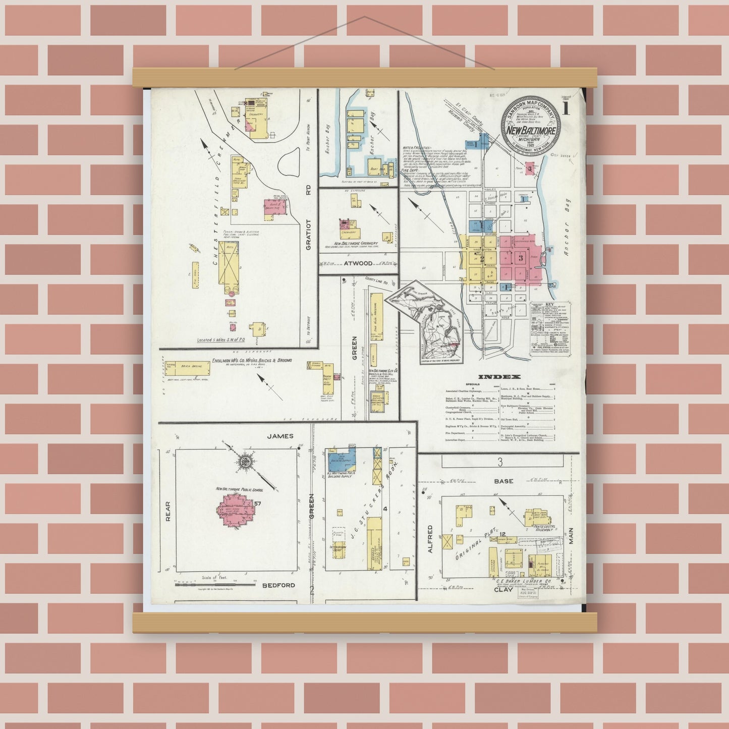 Old map wall art mockup — magnetic wood frame on brick wall — Sanborn Fire Insurance Map from New Baltimore, Macomb County, Michigan (1921) - Complete Map Set