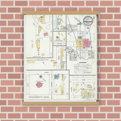 Old map wall art mockup — magnetic wood frame on brick wall — Sanborn Fire Insurance Map from New Baltimore, Macomb County, Michigan (1921) - Complete Map Set