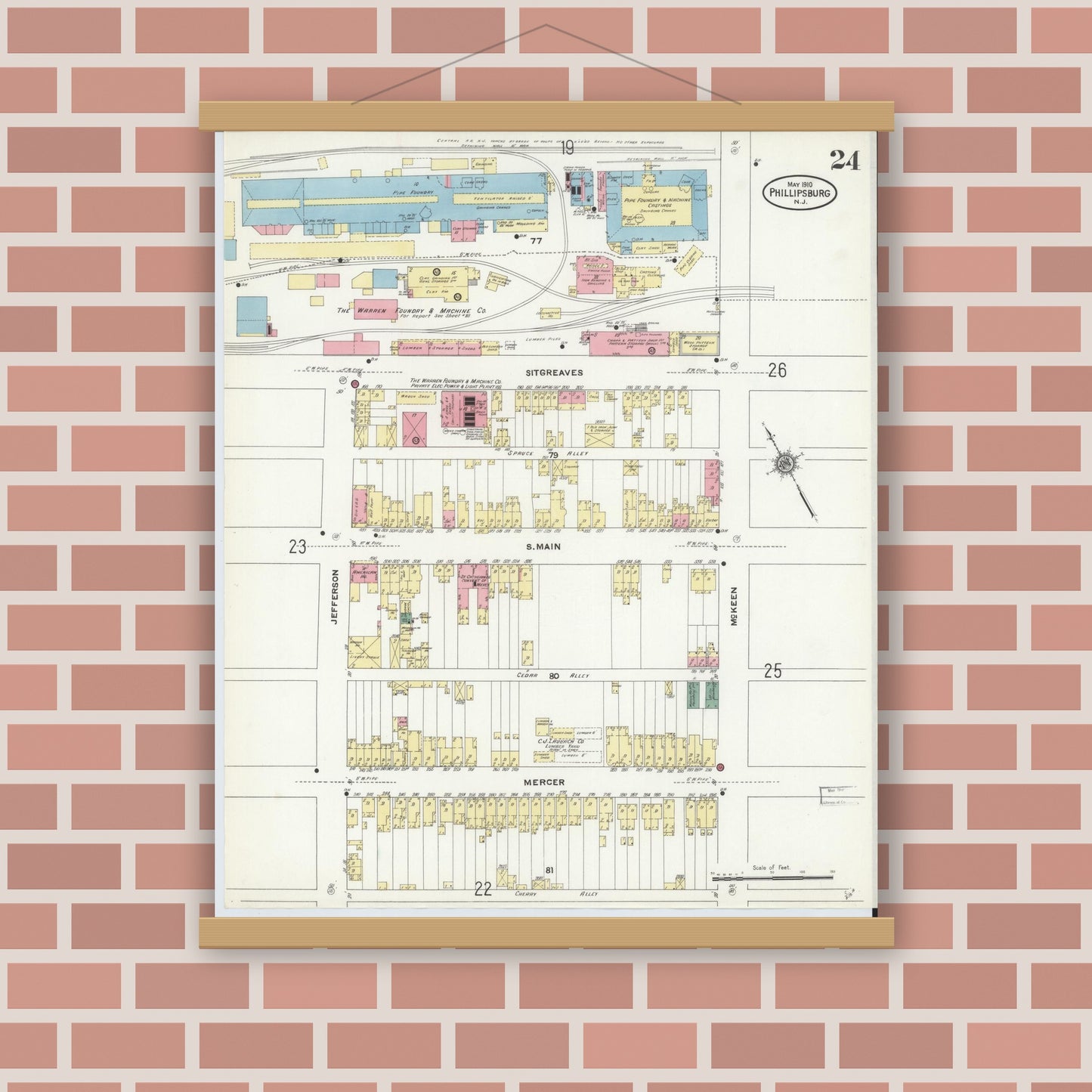 Old map wall art mockup — magnetic wood frame on brick wall — Sanborn Fire Insurance Map from Phillipsburg, Warren County, New Jersey (1910), Sheet #0024