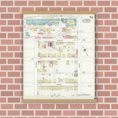 Old map wall art mockup — magnetic wood frame on brick wall — Sanborn Fire Insurance Map from Phillipsburg, Warren County, New Jersey (1910), Sheet #0024