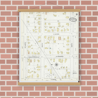 Old map wall art mockup — magnetic wood frame on brick wall — Sanborn Fire Insurance Map from Appleton, Outagamie County, Wisconsin (1891), Sheet #0009