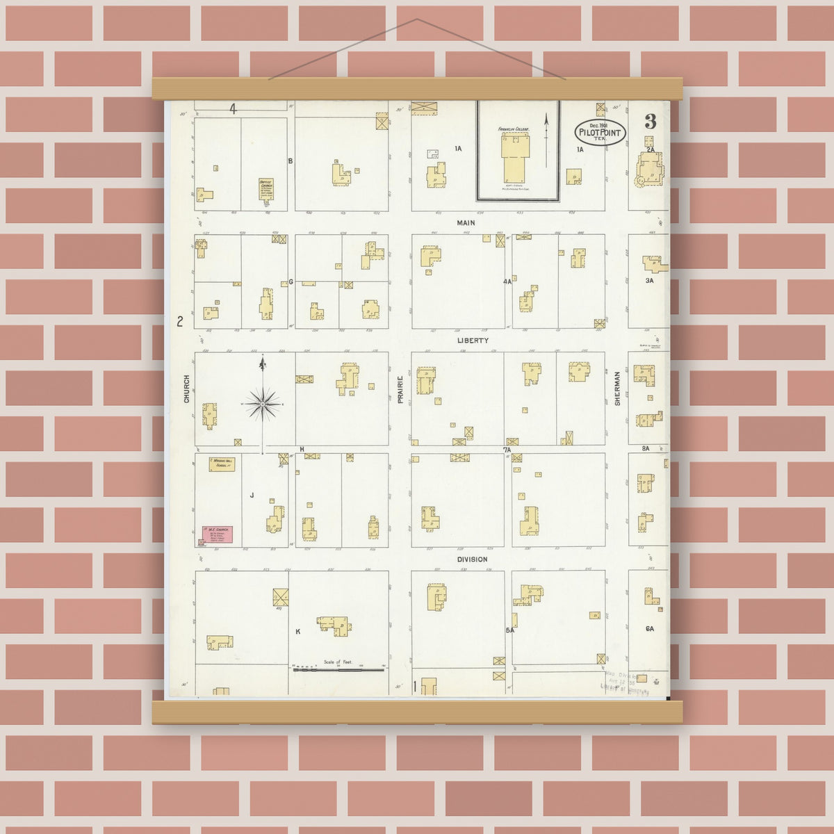 Old map wall art mockup — magnetic wood frame on brick wall — Sanborn Fire Insurance Map from Pilot Point, Denton County, Texas (1901), Sheet #0003