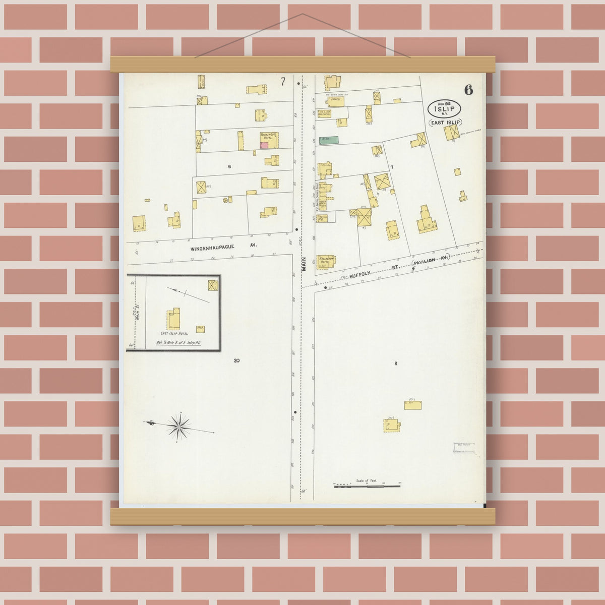Old map wall art mockup — magnetic wood frame on brick wall — Sanborn Fire Insurance Map from Islip, Suffolk County, New York (1902), Sheet #0006