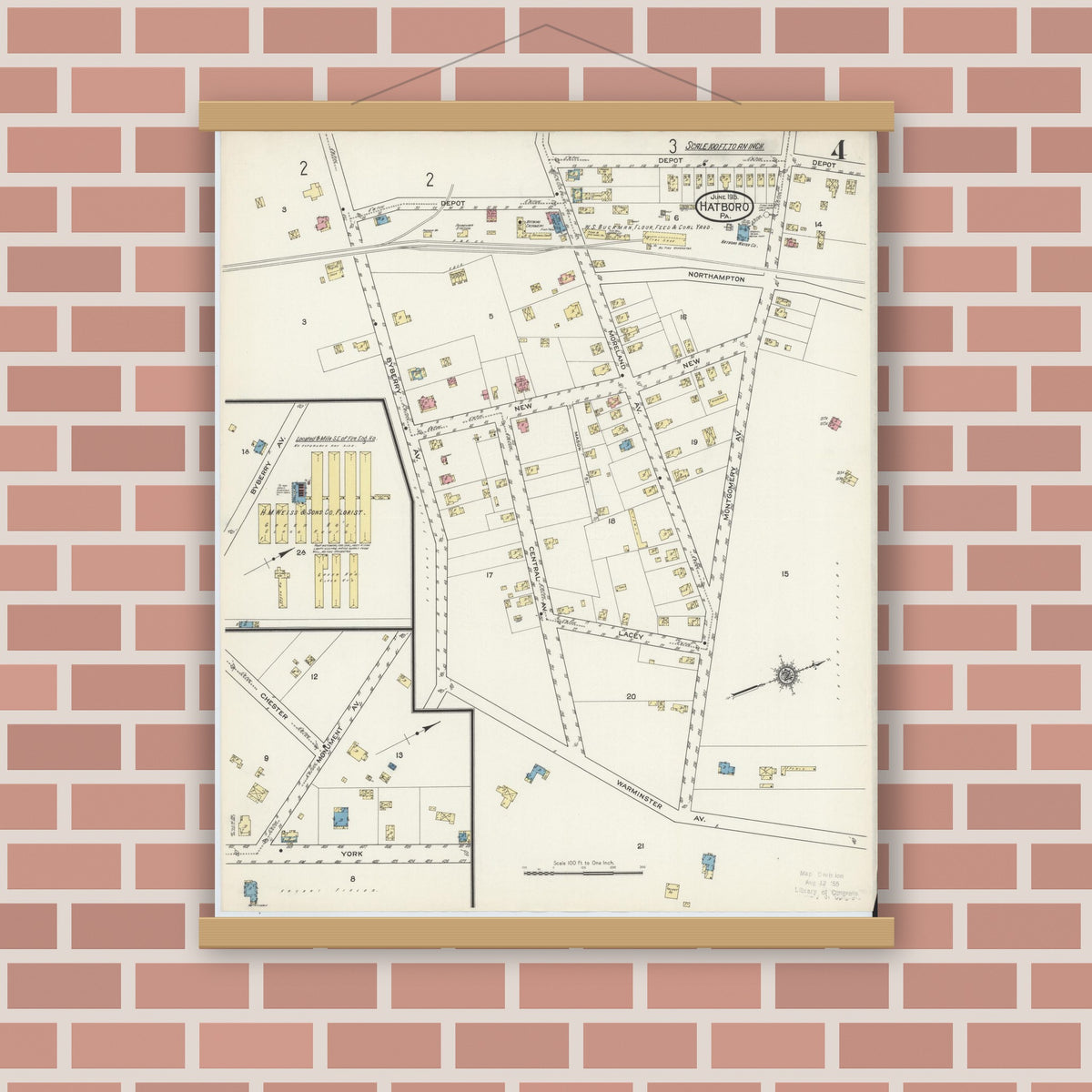 Old map wall art mockup — magnetic wood frame on brick wall — Sanborn Fire Insurance Map from Hatboro, Montgomery County, Pennsylvania (1915), Sheet #0004