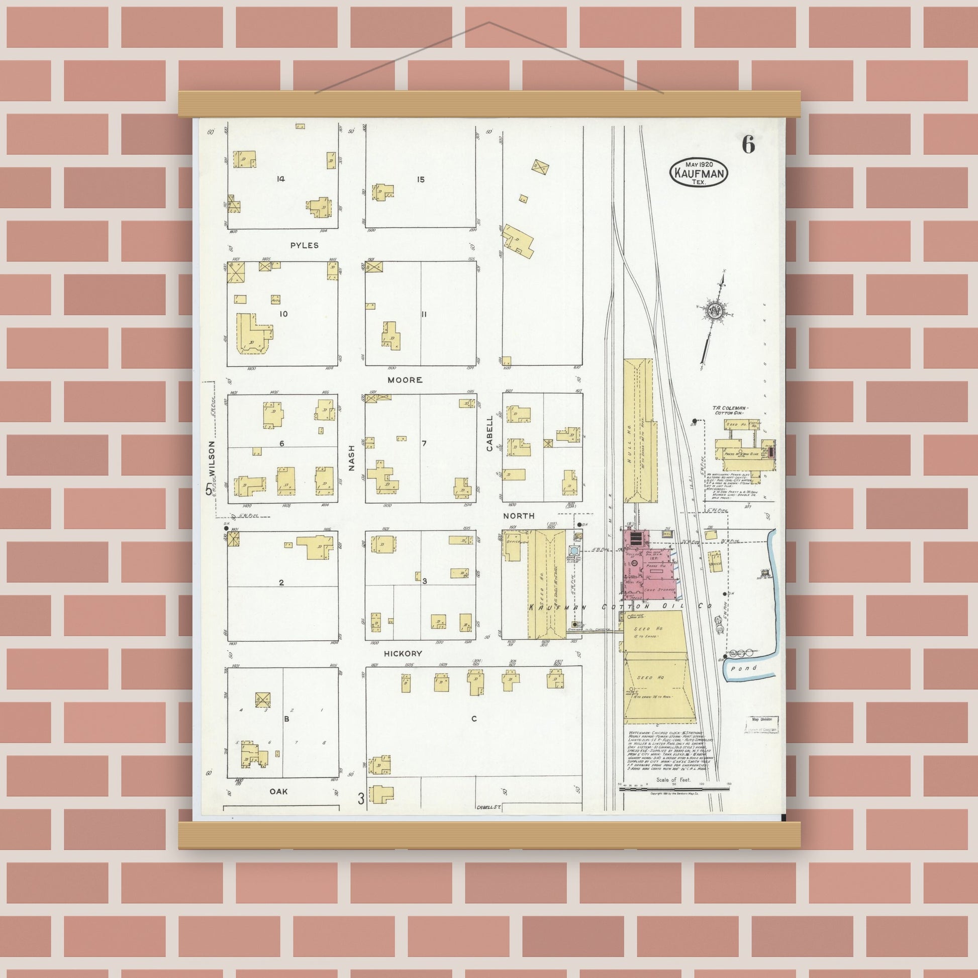 Old map wall art mockup — magnetic wood frame on brick wall — Sanborn Fire Insurance Map from Kaufman, Kaufman County, Texas (1920), Sheet #0006