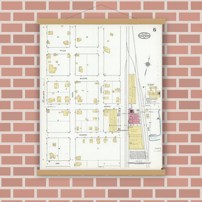 Old map wall art mockup — magnetic wood frame on brick wall — Sanborn Fire Insurance Map from Kaufman, Kaufman County, Texas (1920), Sheet #0006