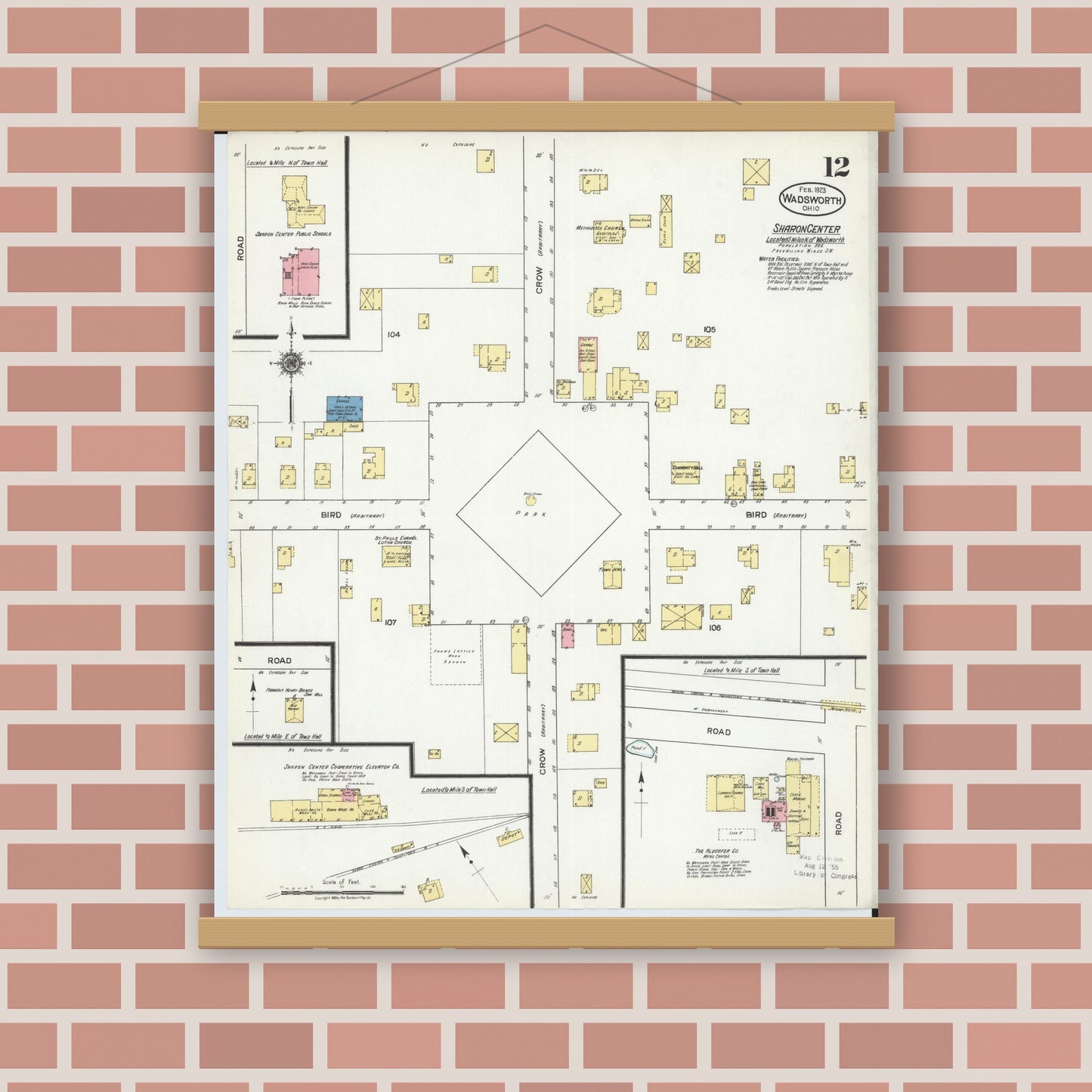 Old map wall art mockup — magnetic wood frame on brick wall — Sanborn Fire Insurance Map from Wadsworth, Medina County, Ohio (1923), Sheet #0012