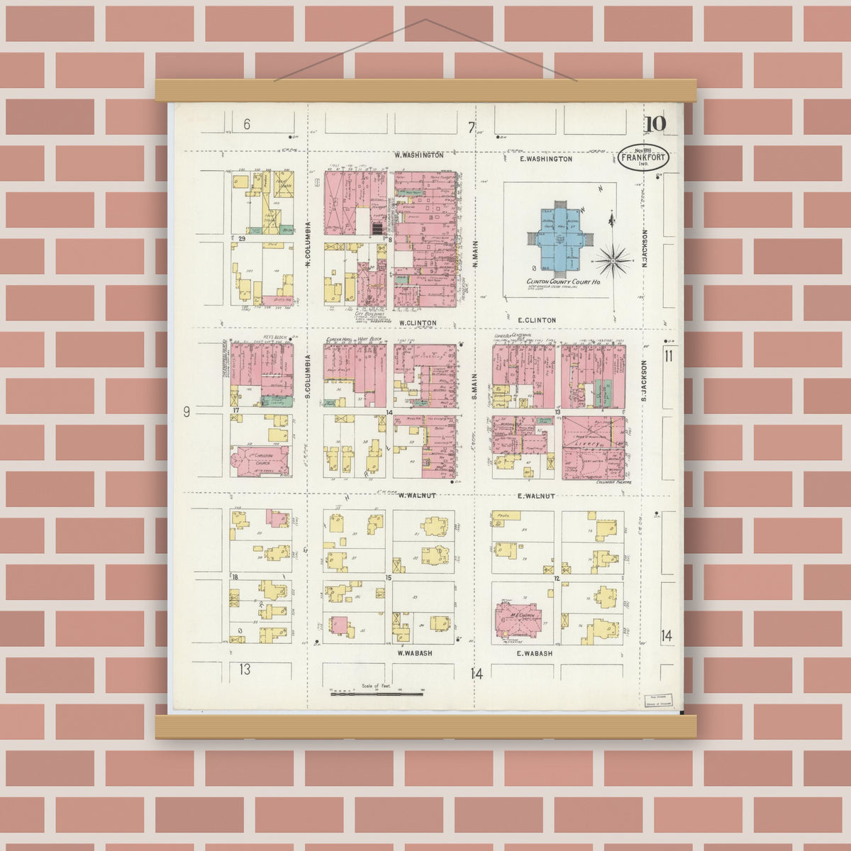Old map wall art mockup — magnetic wood frame on brick wall — Sanborn Fire Insurance Map from Frankfort, Clinton County, Indiana (1898), Sheet #0010