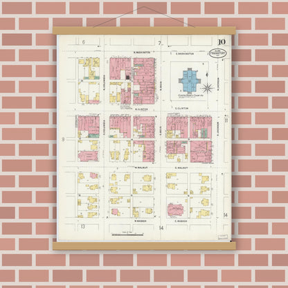 Old map wall art mockup — magnetic wood frame on brick wall — Sanborn Fire Insurance Map from Frankfort, Clinton County, Indiana (1898), Sheet #0010