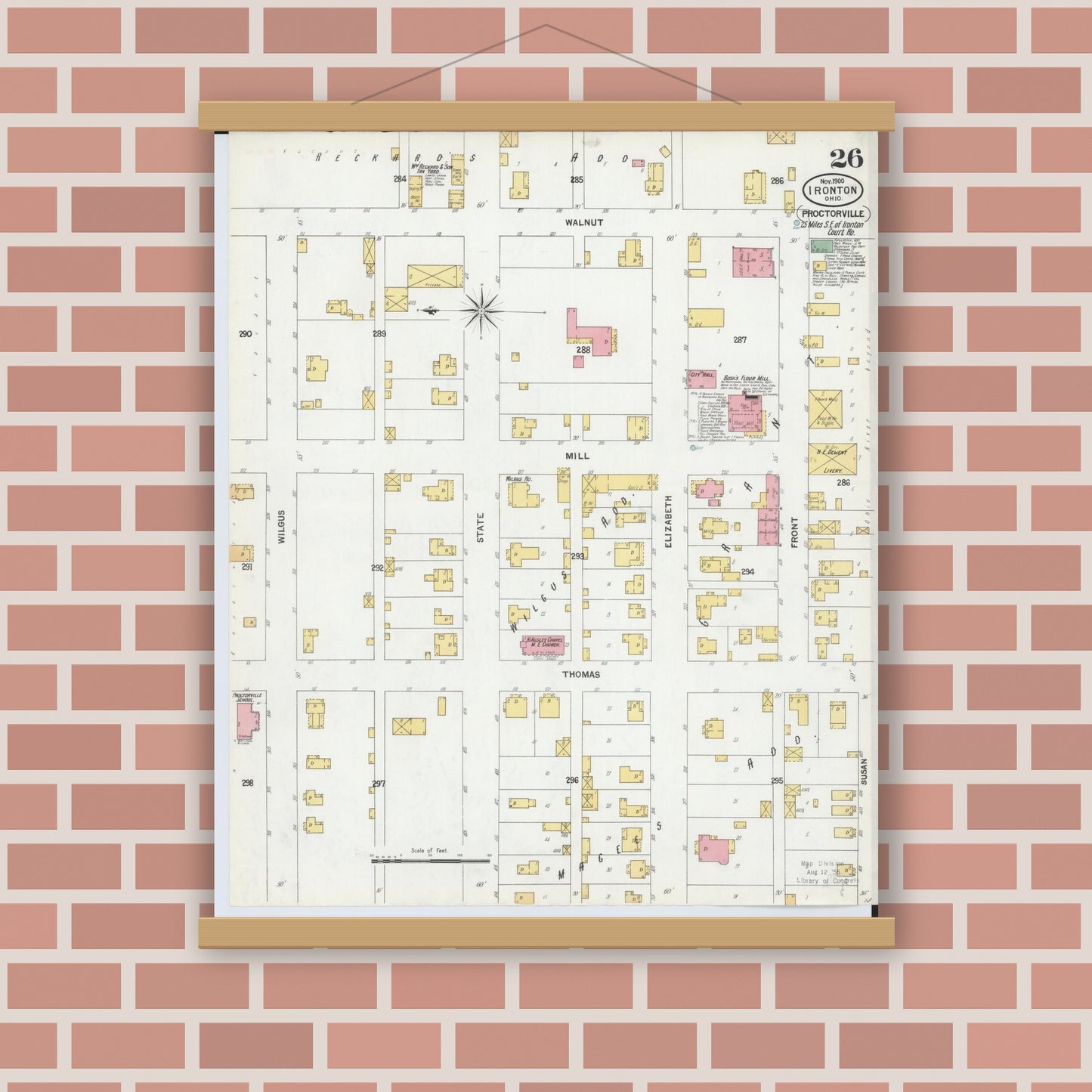 Old map wall art mockup — magnetic wood frame on brick wall — Sanborn Fire Insurance Map from Ironton, Lawrence County, Ohio (1900), Sheet #0026