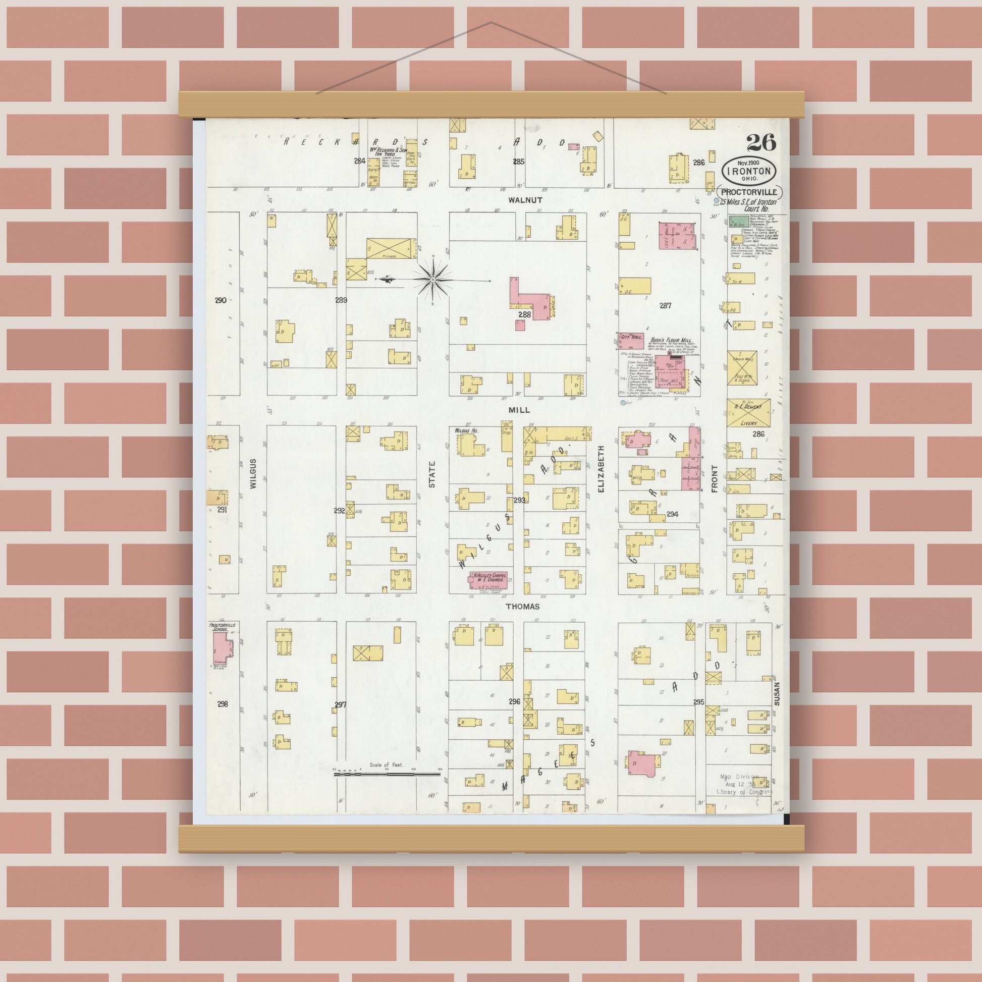 Old map wall art mockup — magnetic wood frame on brick wall — Sanborn Fire Insurance Map from Ironton, Lawrence County, Ohio (1900), Sheet #0026