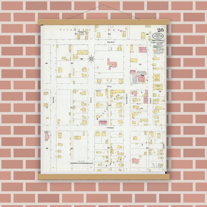Old map wall art mockup — magnetic wood frame on brick wall — Sanborn Fire Insurance Map from Ironton, Lawrence County, Ohio (1900), Sheet #0026