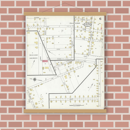 Old map wall art mockup — magnetic wood frame on brick wall — Sanborn Fire Insurance Map from Clayton, Johnston County, North Carolina (1918), Sheet #0006