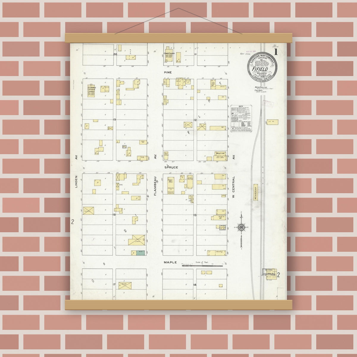 Old map wall art mockup — magnetic wood frame on brick wall — Sanborn Fire Insurance Map from Fifield, Price County, Wisconsin (1909) - Complete Map Set