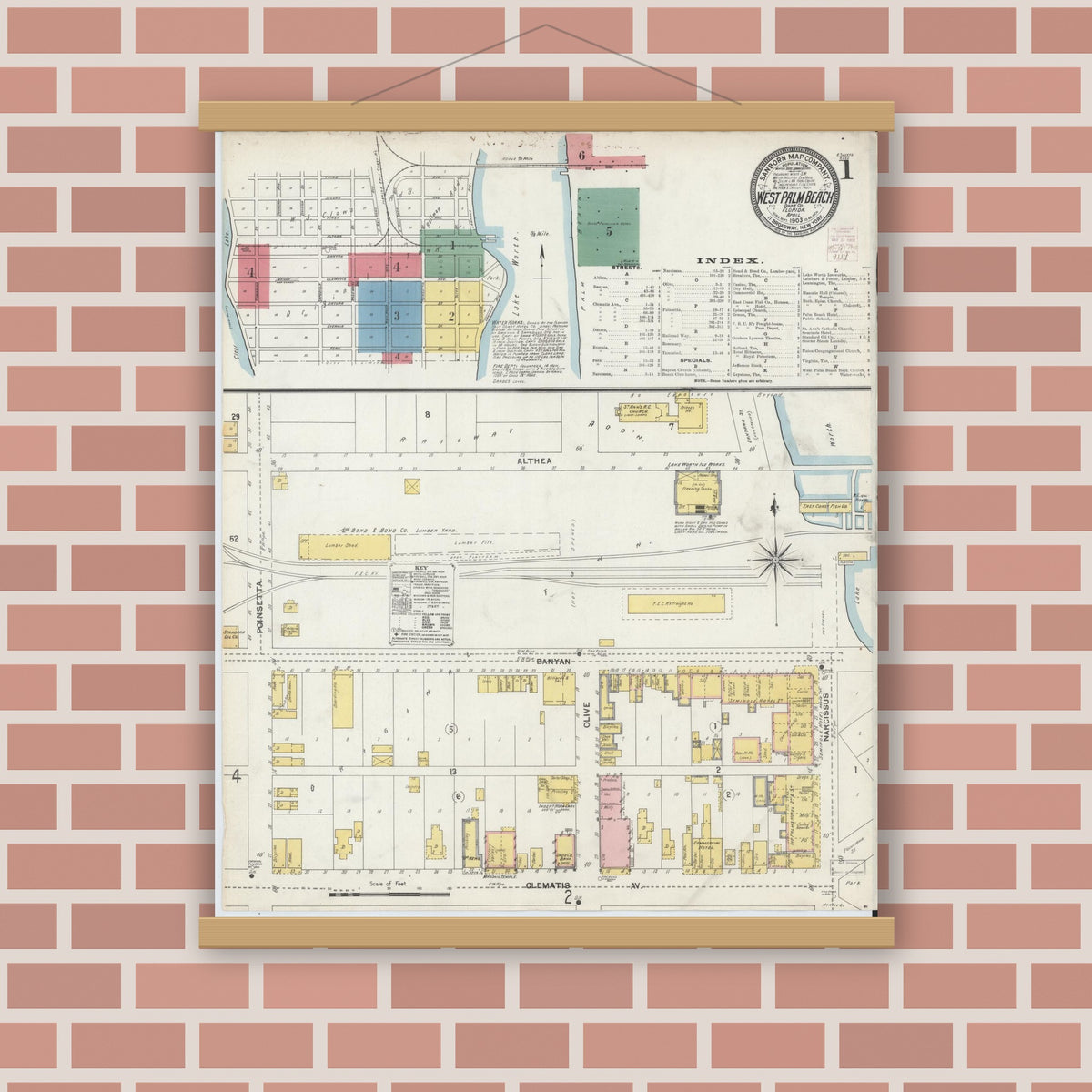 Old map wall art mockup — magnetic wood frame on brick wall — Sanborn Fire Insurance Map from West Palm Beach, Dade County, Florida (1903), Sheet #0001