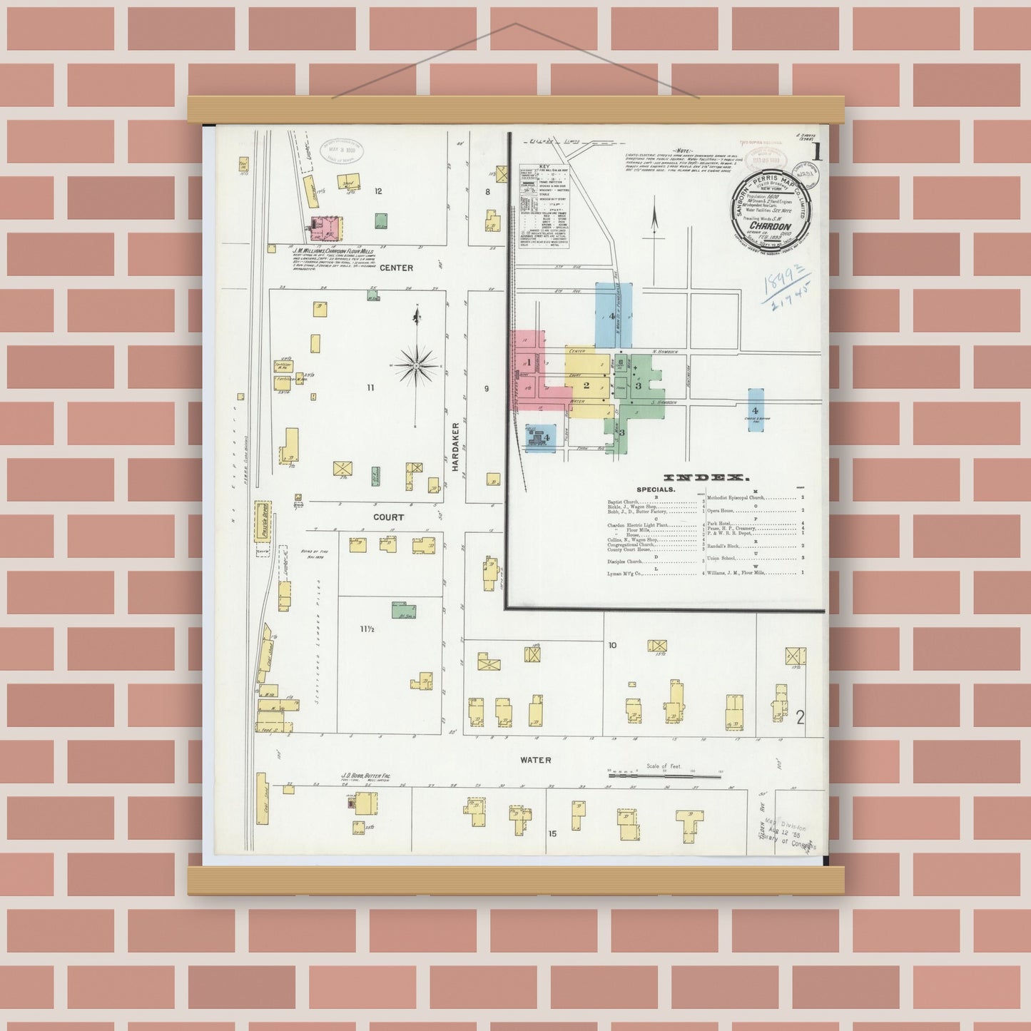 Old map wall art mockup — magnetic wood frame on brick wall — Sanborn Fire Insurance Map from Chardon, Geauga County, Ohio (1899) - Complete Map Set