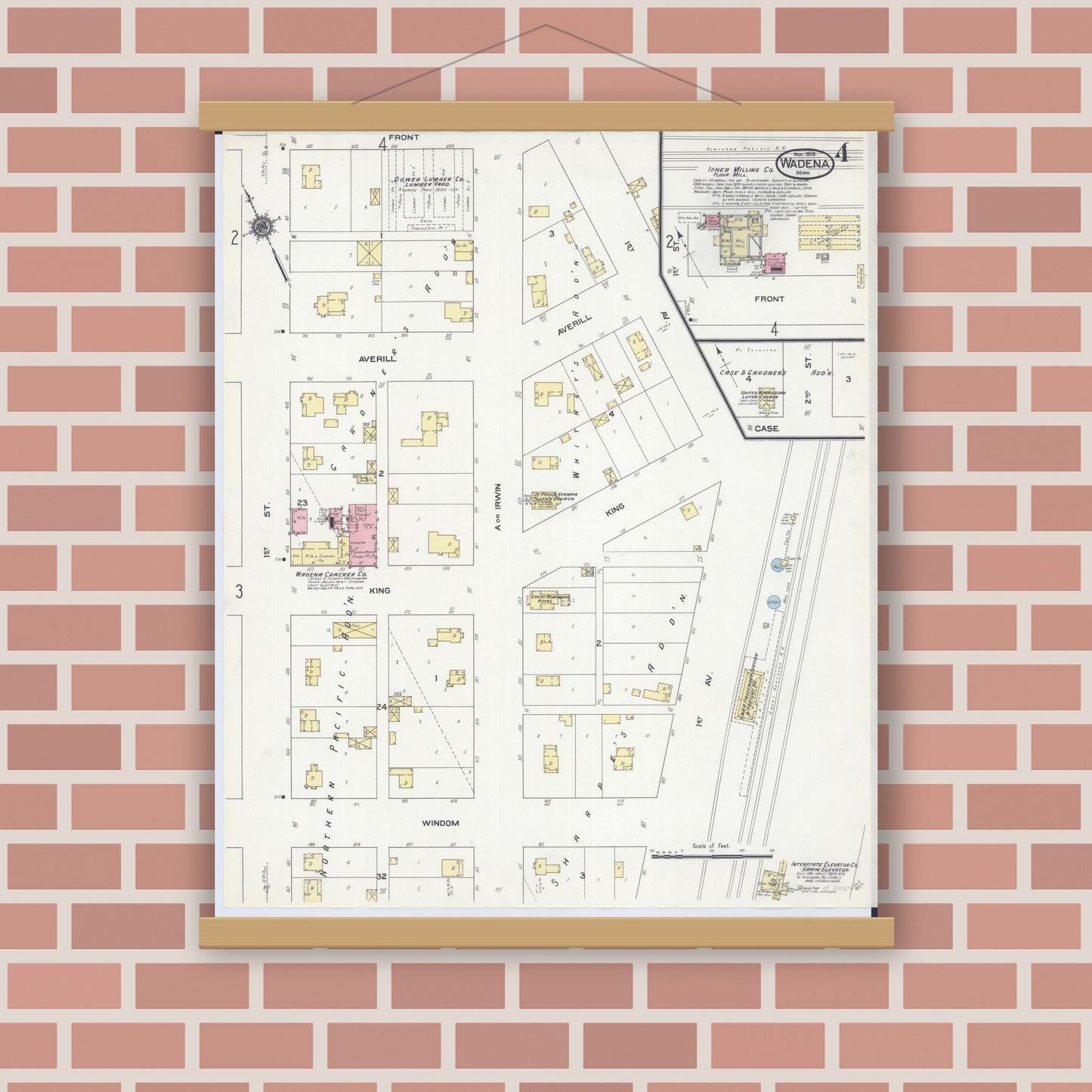 Old map wall art mockup — magnetic wood frame on brick wall — Sanborn Fire Insurance Map from Wadena, Wadena County, Minnesota (1909), Sheet #0004