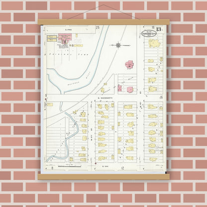 Old map wall art mockup — magnetic wood frame on brick wall — Sanborn Fire Insurance Map from Traverse City, Grand Traverse County, Michigan (1910), Sheet #0013