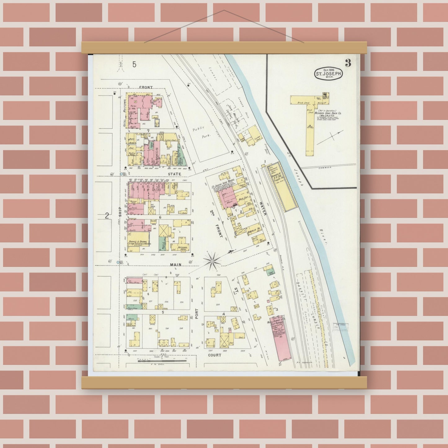 Old map wall art mockup — magnetic wood frame on brick wall — Sanborn Fire Insurance Map from Saint Joseph, Berrien County, Michigan (1896), Sheet #0003