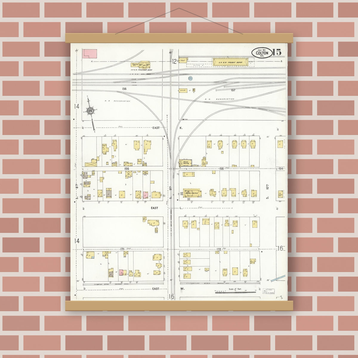 Old map wall art mockup — magnetic wood frame on brick wall — Sanborn Fire Insurance Map from Colton, San Bernardino County, California (1911), Sheet #0015