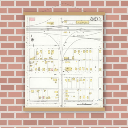 Old map wall art mockup — magnetic wood frame on brick wall — Sanborn Fire Insurance Map from Colton, San Bernardino County, California (1911), Sheet #0015