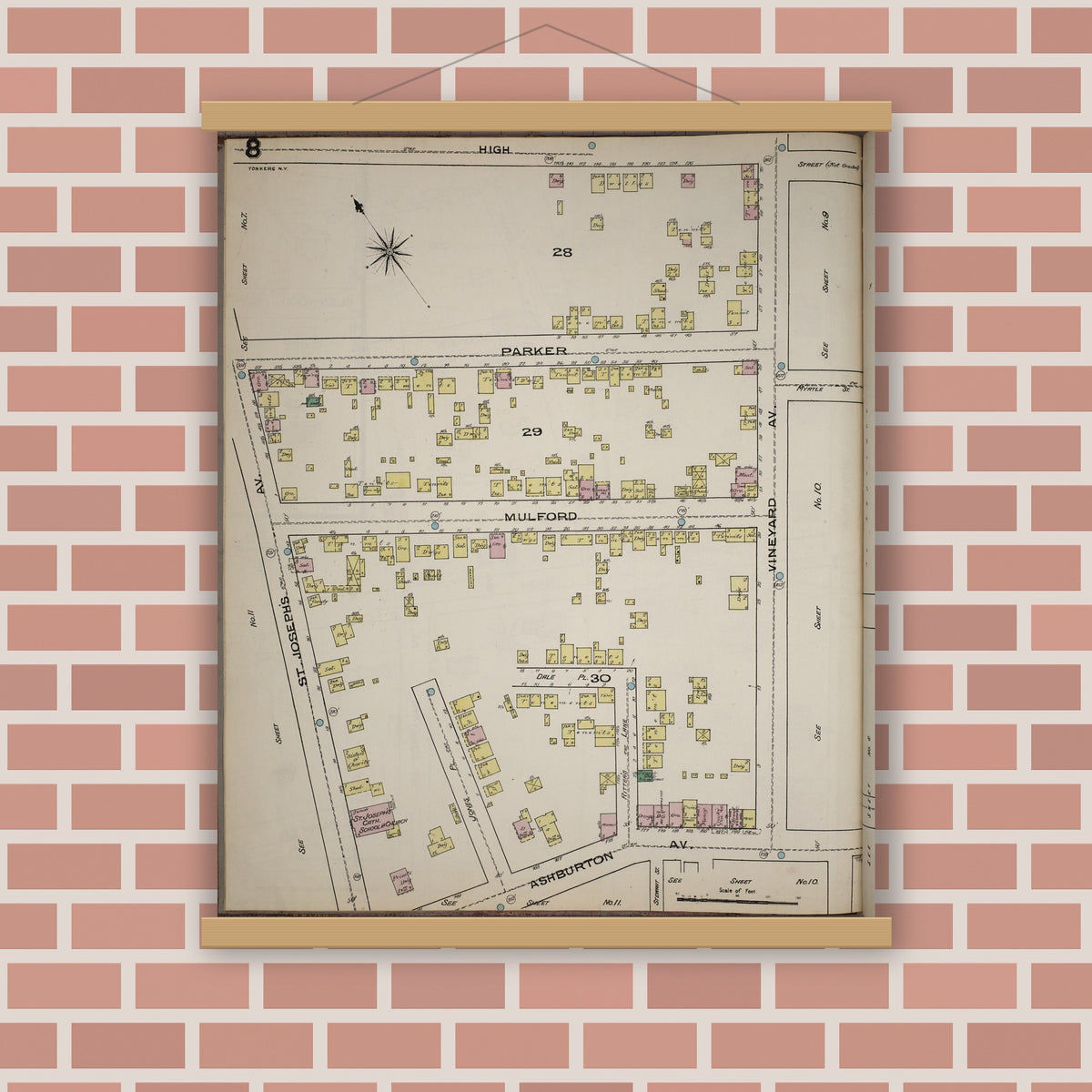 Old map wall art mockup — magnetic wood frame on brick wall — Sanborn Fire Insurance Map from Yonkers, Westchester County, New York (1886), Sheet #0008