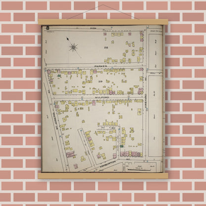 Old map wall art mockup — magnetic wood frame on brick wall — Sanborn Fire Insurance Map from Yonkers, Westchester County, New York (1886), Sheet #0008