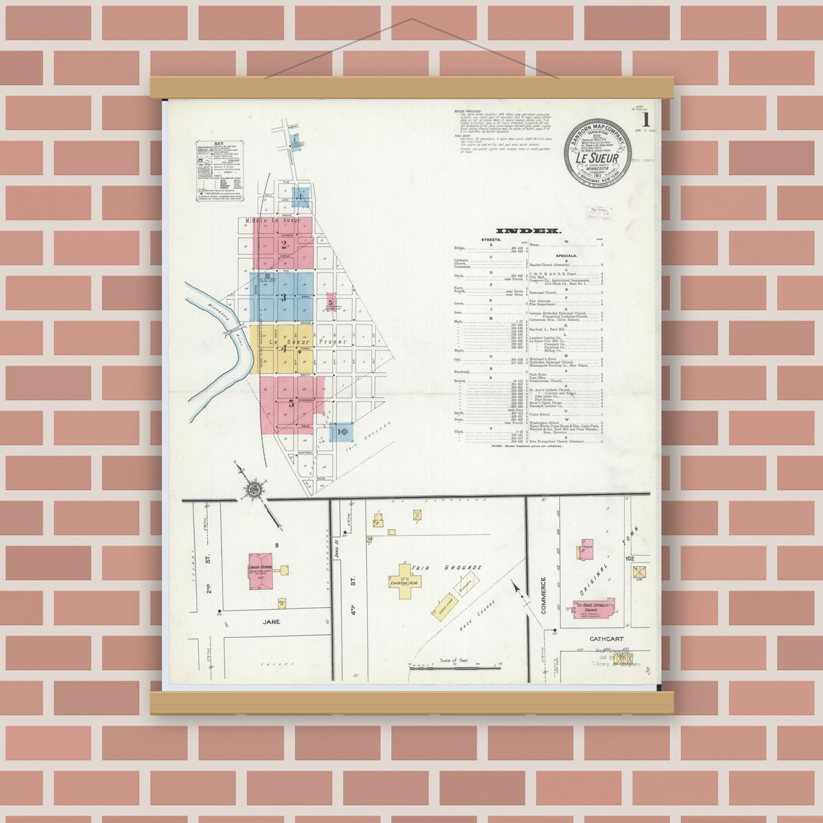 Old map wall art mockup — magnetic wood frame on brick wall — Sanborn Fire Insurance Map from Le Sueur, Le Sueur County, Minnesota (1911), Sheet #0001