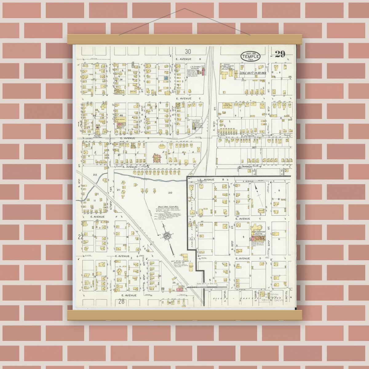Old map wall art mockup — magnetic wood frame on brick wall — Sanborn Fire Insurance Map from Temple, Bell County, Texas (1915), Sheet #0029