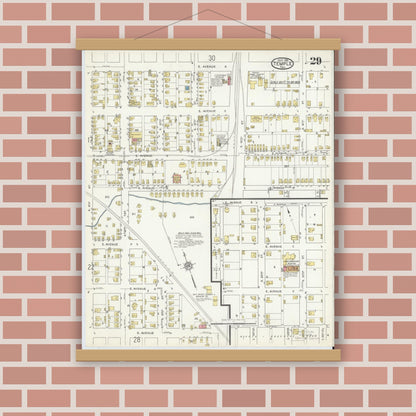 Old map wall art mockup — magnetic wood frame on brick wall — Sanborn Fire Insurance Map from Temple, Bell County, Texas (1915), Sheet #0029