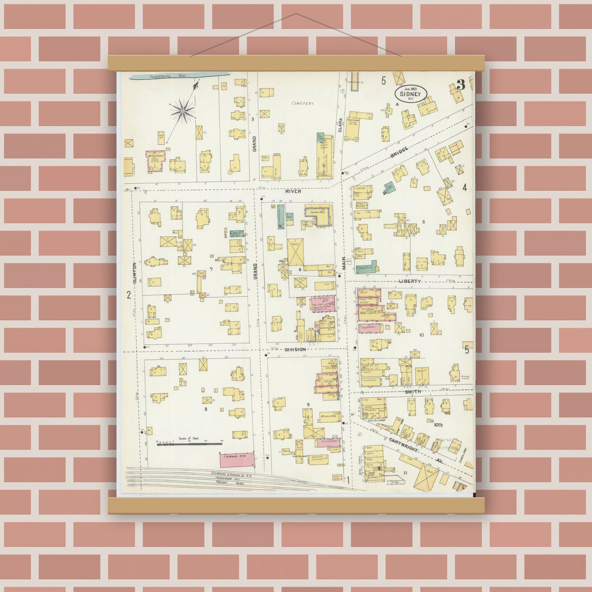 Old map wall art mockup — magnetic wood frame on brick wall — Sanborn Fire Insurance Map from Sidney, Delaware County, New York (1903), Sheet #0003