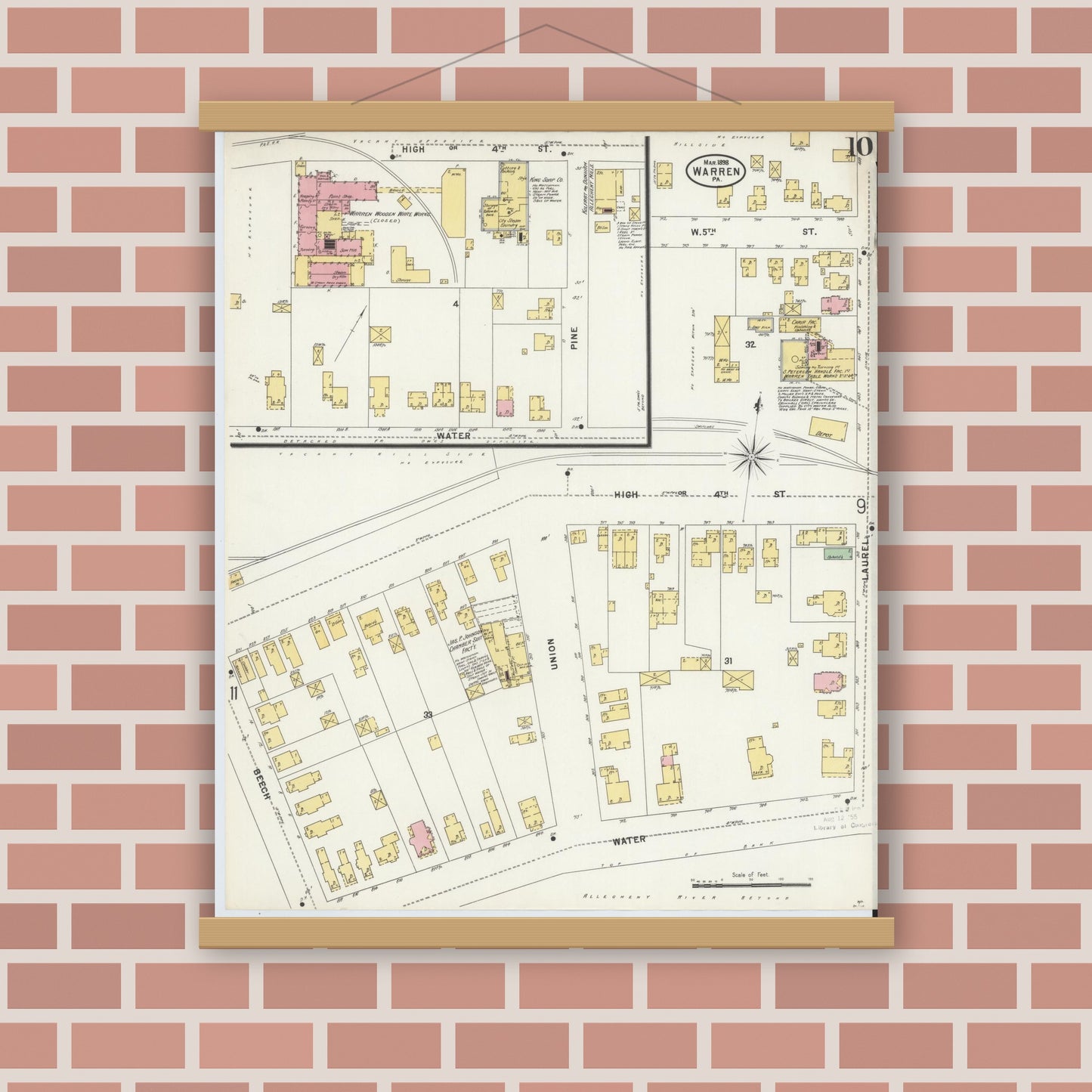 Old map wall art mockup — magnetic wood frame on brick wall — Sanborn Fire Insurance Map from Warren, Warren County, Pennsylvania (1898), Sheet #0010