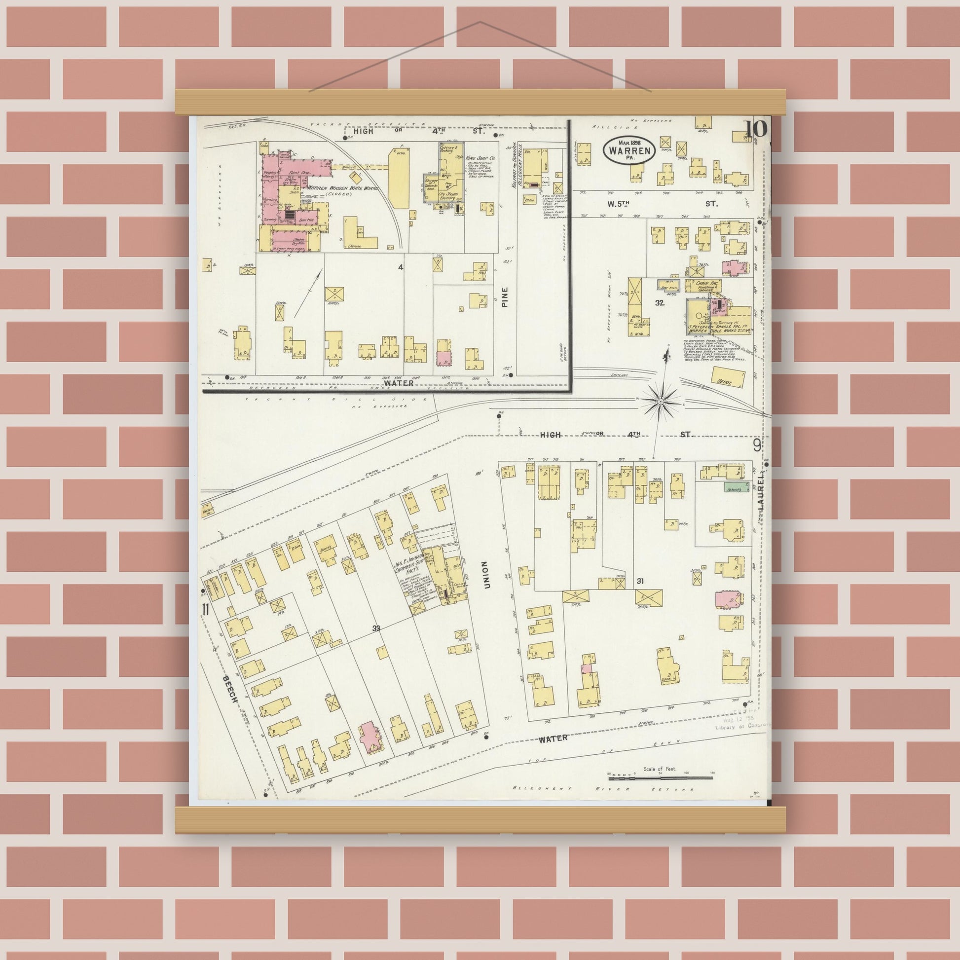 Old map wall art mockup — magnetic wood frame on brick wall — Sanborn Fire Insurance Map from Warren, Warren County, Pennsylvania (1898), Sheet #0010